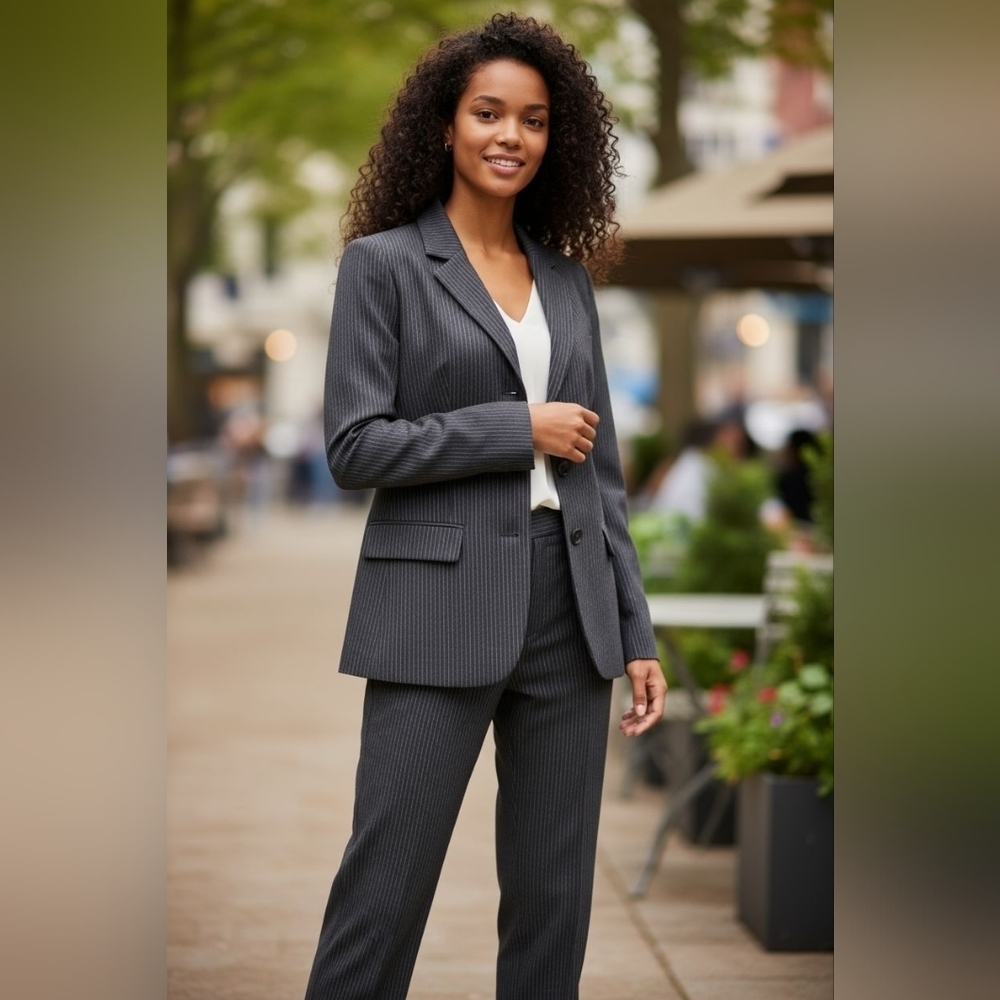 Vintage Recto Verso Blazer & Pantsuit Business Suit Pinstriped Black Jacket